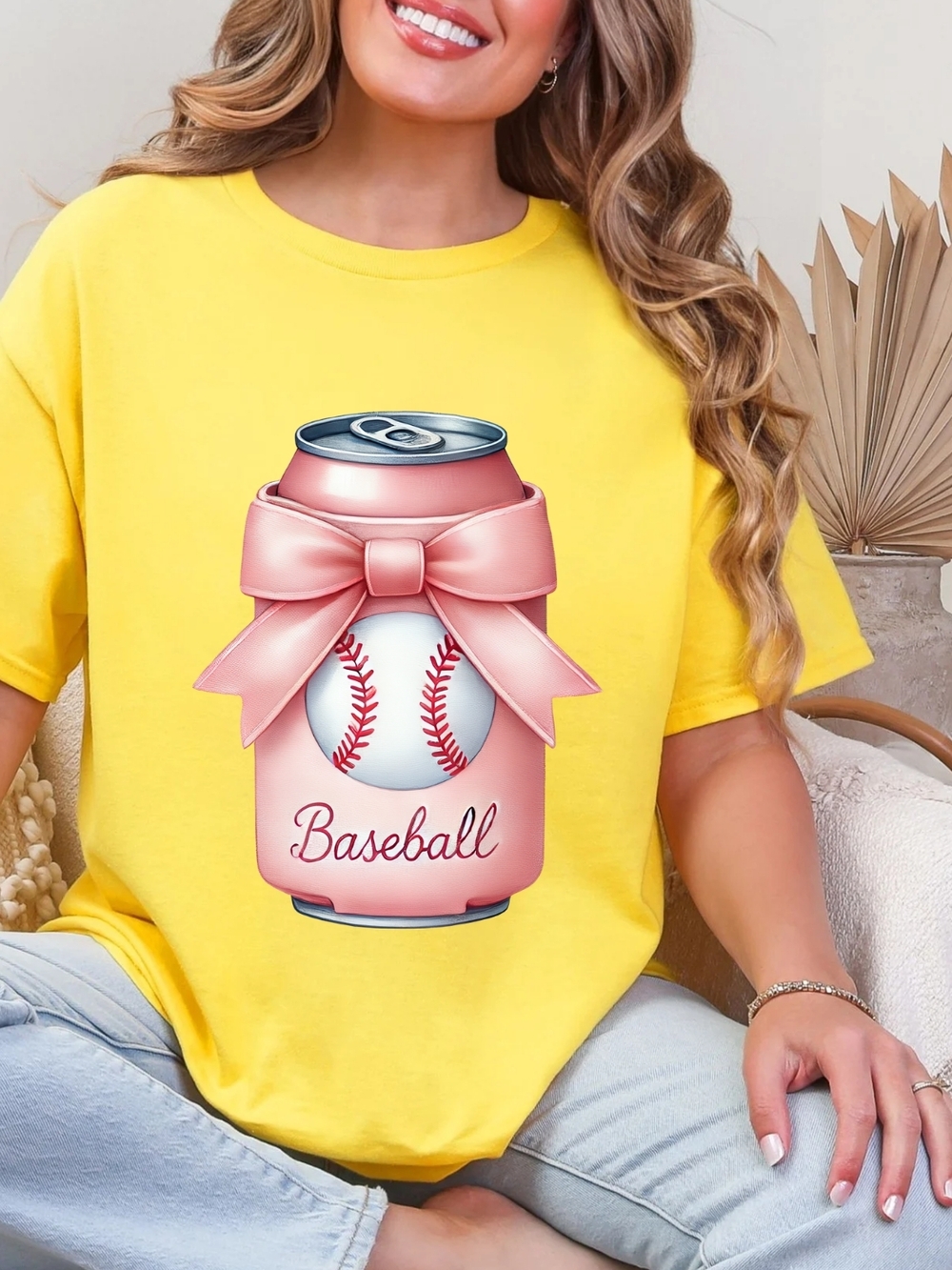 Gildan Yellow Short Sleeve Tee with Pink Baseball Can Graphic